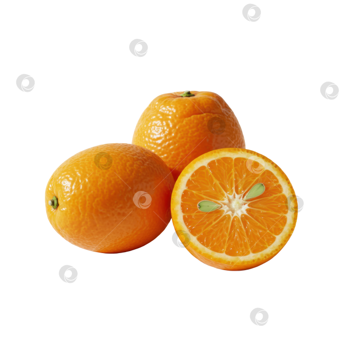 Скачать Три свежих цитрусовых апельсина, один из которых разрезан, чтобы показать сочную мякоть и зеленые косточки, на прозрачном фоне. Концепция здорового питания для рекламы продуктов питания. фотосток Ozero