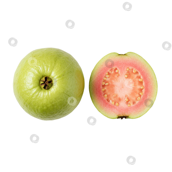 Скачать Цельная зеленая гуава и одна половинка розовой гуавы с мякотью и семенами на прозрачном фоне. Концепция свежих тропических фруктов для здоровья. фотосток Ozero
