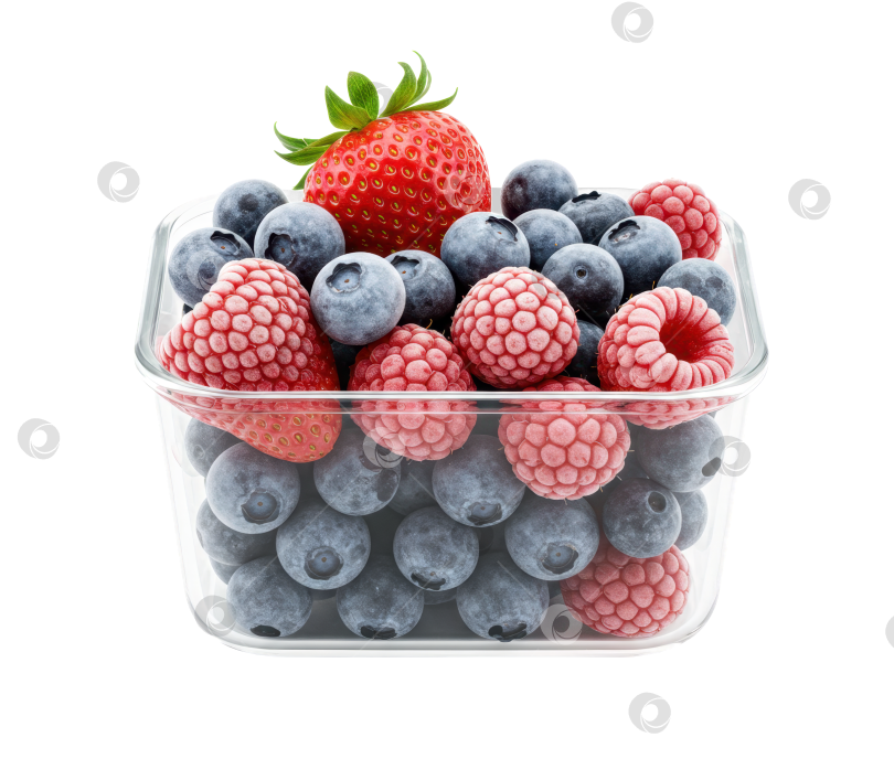 Скачать Смешанные замороженные ягоды в пластиковом контейнере на прозрачном фоне. фотосток Ozero