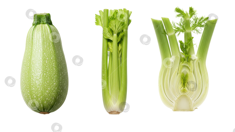 Скачать Свежие зеленые кабачки, натуральный стебель сельдерея и нарезанная луковица фенхеля на прозрачном фоне - рецепты здорового питания. фотосток Ozero