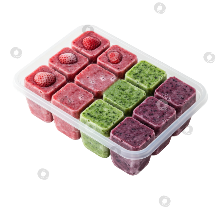Скачать Крупный план замороженных кубиков фруктового и овощного пюре в пластиковом контейнере на прозрачном фоне для концепции здорового питания. фотосток Ozero