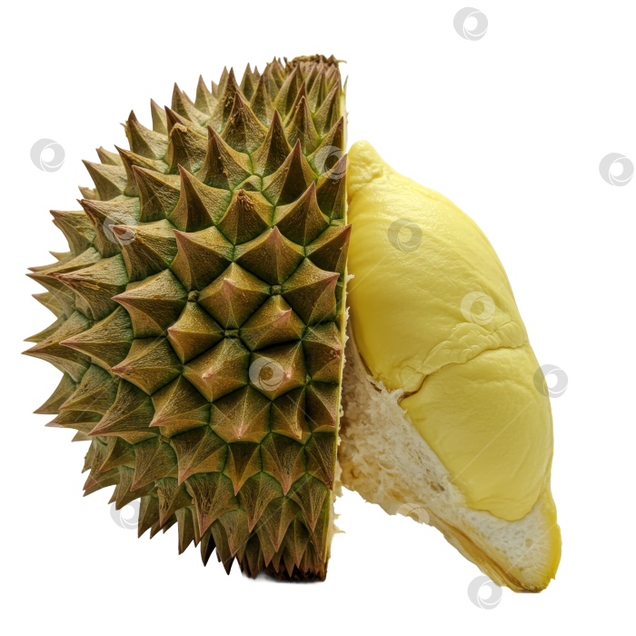 Скачать Половинка свежего спелого фрукта дуриан с насыщенной кремовой мякотью на прозрачном фоне демонстрирует здоровое питание. фотосток Ozero