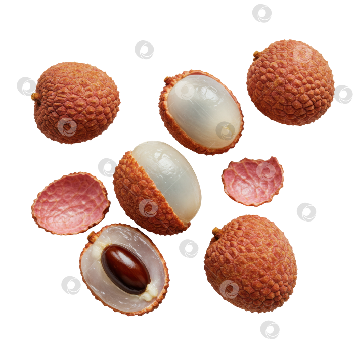 Скачать Свежие цельные и очищенные от кожуры плоды личи с красноватой кожурой на прозрачном фоне. Полезная тропическая закуска для диетических целей. фотосток Ozero