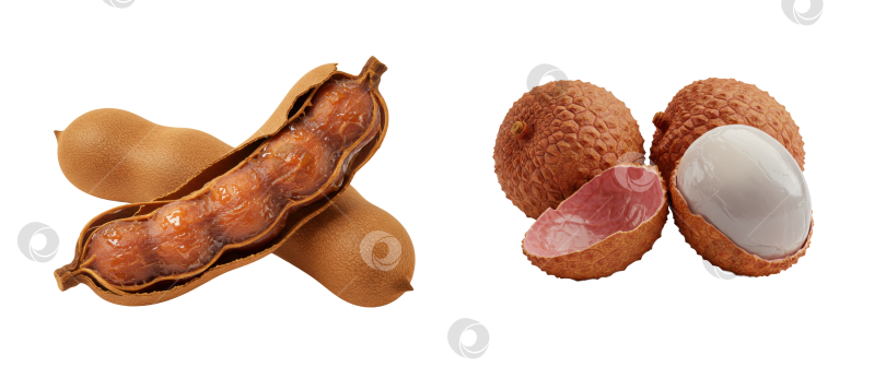 Скачать Свежий стручок тамаринда и очищенный личи на прозрачном фоне. Полезные экзотические фрукты для полноценного питания. фотосток Ozero