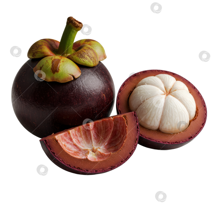 Скачать Цельный мангостан с нарезанными и открытыми половинками на прозрачном фоне - концепция здорового питания и экзотических фруктов фотосток Ozero