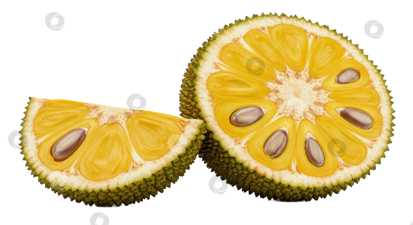 Скачать Свежесрезанный джекфрут с семенами на прозрачном фоне. Тропический фрукт с шиповатой кожурой и желтыми луковицами для здорового питания. фотосток Ozero