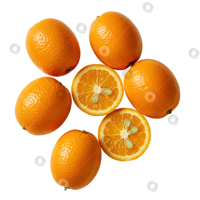 Скачать Свежая группа кумкватов с кусочками, на которых видны косточки, спелые цитрусовые для здорового питания, сок, витамины на прозрачном фоне. фотосток Ozero