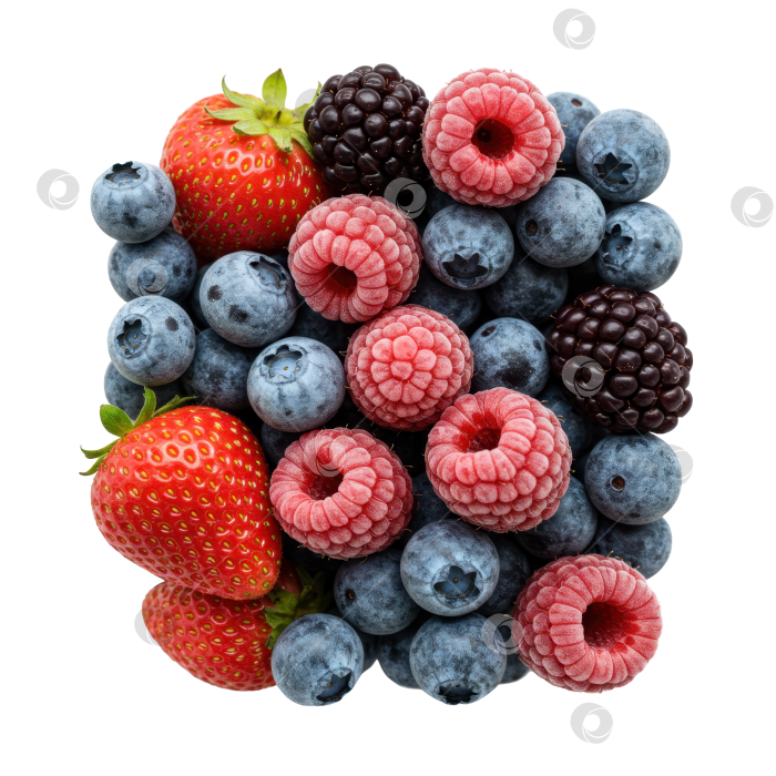 Скачать Ассорти из свежих ягод с клубникой, черникой, малиной и ежевикой, смесь полезных суперпродуктов на прозрачном фоне. фотосток Ozero