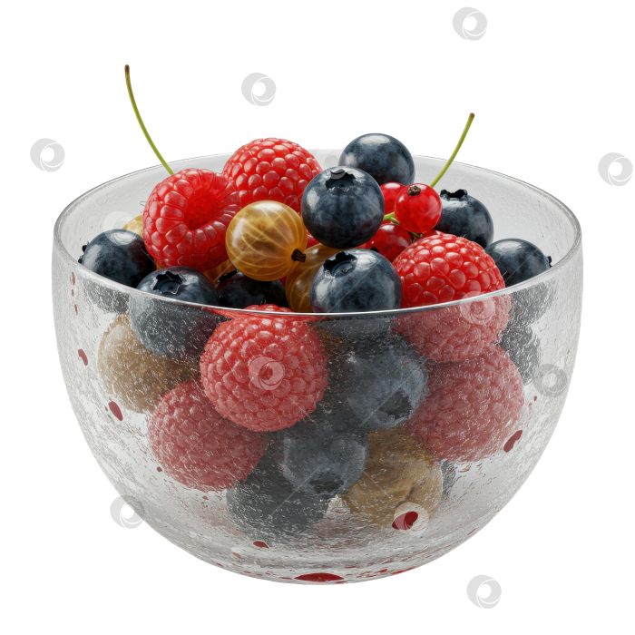 Скачать Свежее ягодное ассорти в стеклянной посуде на прозрачном фоне. Концепция здорового питания для диетологов. фотосток Ozero
