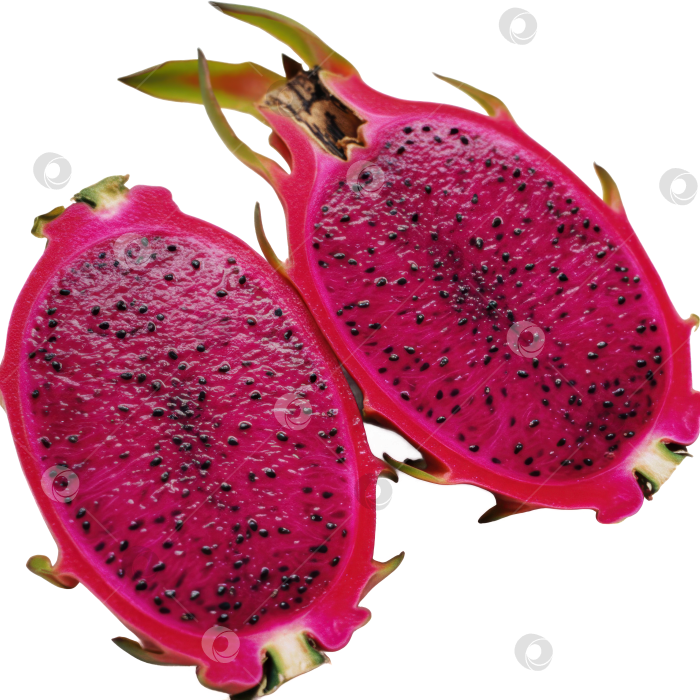 Скачать Свежий плод питайи, разрезанный пополам, с ярко-розовой мякотью и крошечными черными семенами на прозрачном фоне - воплощение концепции здорового питания фотосток Ozero