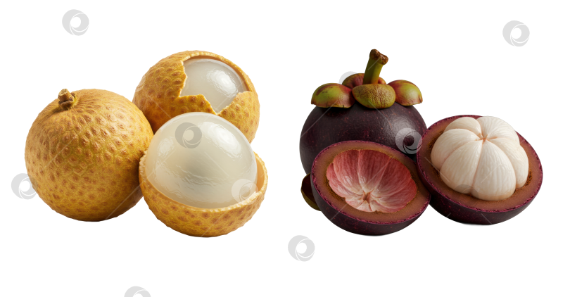 Скачать Свежие тропические фрукты лонган и мангостин на прозрачном фоне. Здоровое питание и вегетарианская диета для здорового образа жизни. фотосток Ozero