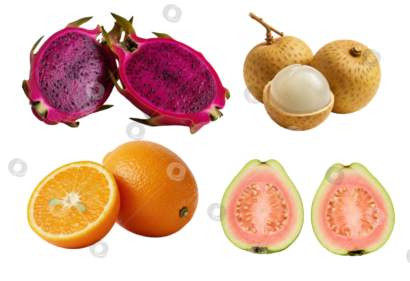 Скачать Ассортимент свежих драгон-фрукт, лонган, апельсин и гуава, богатых витаминами, на прозрачном фоне, идеально подходит для концепции здорового питания. фотосток Ozero