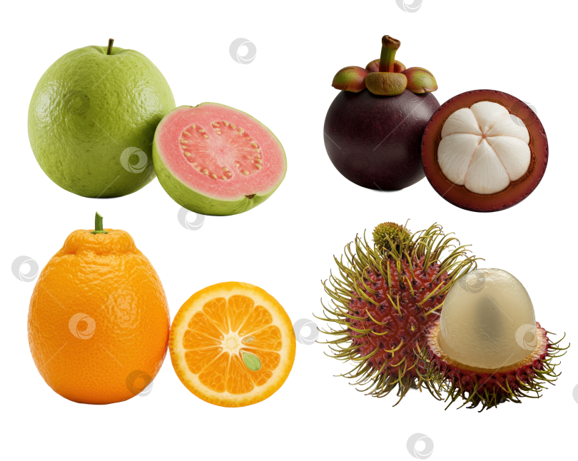Скачать Коллекция свежих экзотических фруктов, включая гуаву, мангостин, рамбутан и апельсин, на прозрачном фоне для здорового питания. фотосток Ozero