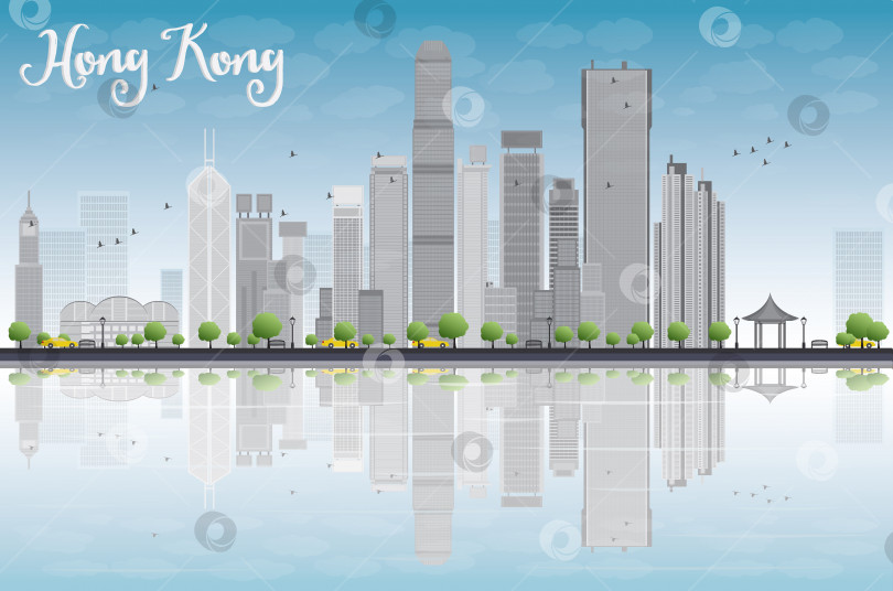 Скачать Горизонт Гонконга с серыми зданиями и голубым небом. фотосток Ozero