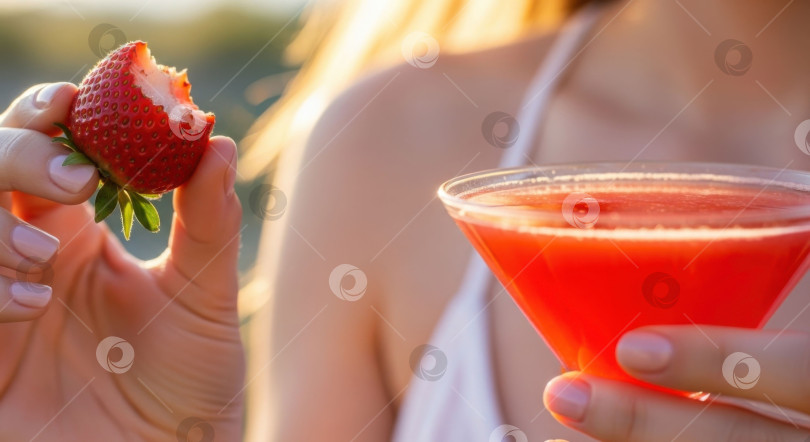 Скачать Женщина держит в руках красный коктейль и свежую клубнику, откусывая кусочек, - идеальный летний напиток. фотосток Ozero