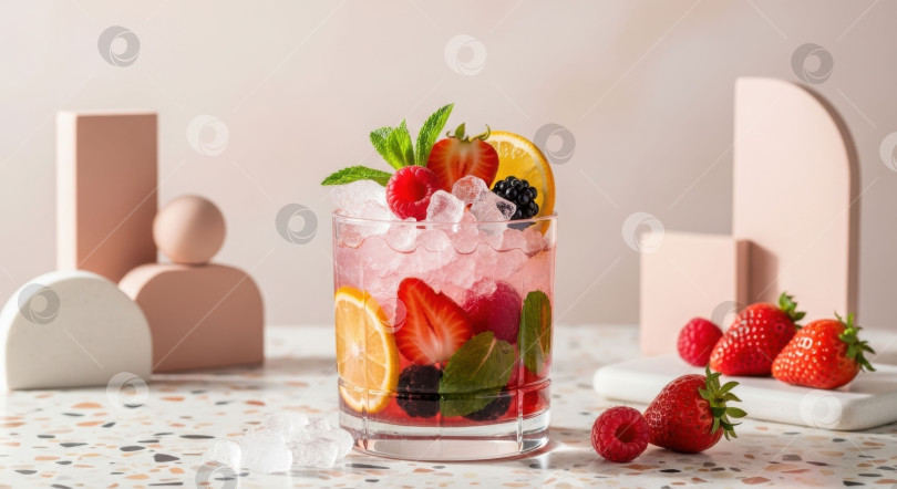 Скачать Освежающий ягодный коктейль со льдом и свежими фруктами. Концепция летнего напитка для меню и стиля жизни. фотосток Ozero