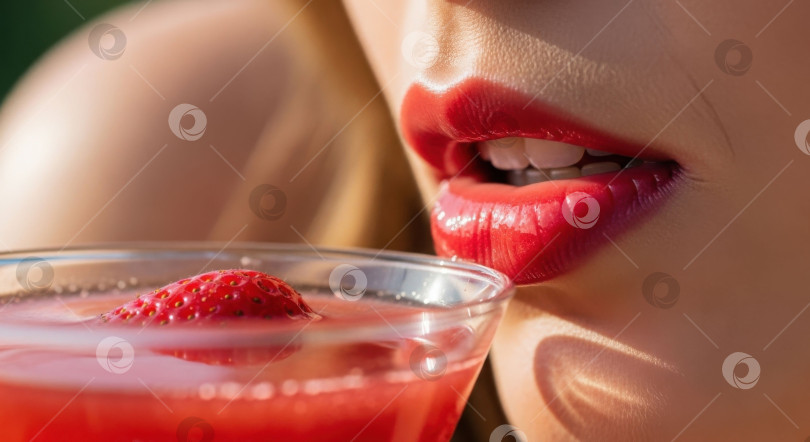 Скачать Женщина с красной помадой собирается выпить клубничный коктейль. Красивая женщина наслаждается освежающим напитком в баре на открытом воздухе или на вечеринке. фотосток Ozero