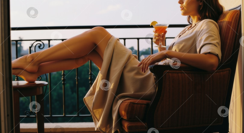 Скачать Женщина, отдыхающая в уютном кресле на балконе, закинув ногу на ногу, и потягивающая освежающий коктейль. Концепция стиля жизни, безмятежности и релаксации. фотосток Ozero