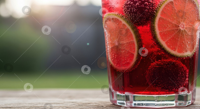 Скачать Крупный план освежающего ярко-красного газированного напитка с кусочками лайма и ягодами на деревянном столе. Концепция летнего напитка. фотосток Ozero