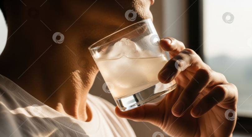 Скачать Афроамериканец пьет охлажденный коктейль. Тянется за освежающим напитком. Летом наслаждается холодным напитком. фотосток Ozero