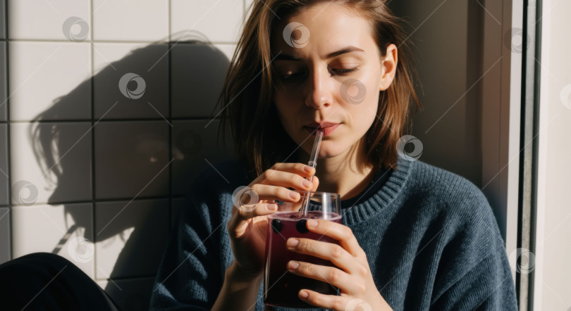 Скачать Молодая женщина с короткими волосами пьет коктейль "Фиолетовая бабочка и цветок гороха" через соломинку. Освежающий напиток для здорового образа жизни. фотосток Ozero