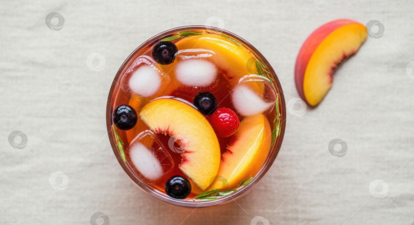 Скачать Освежающий чайный коктейль со льдом с персиком, черникой и розмарином. Фруктовый напиток для летнего освежения и здорового образа жизни. фотосток Ozero