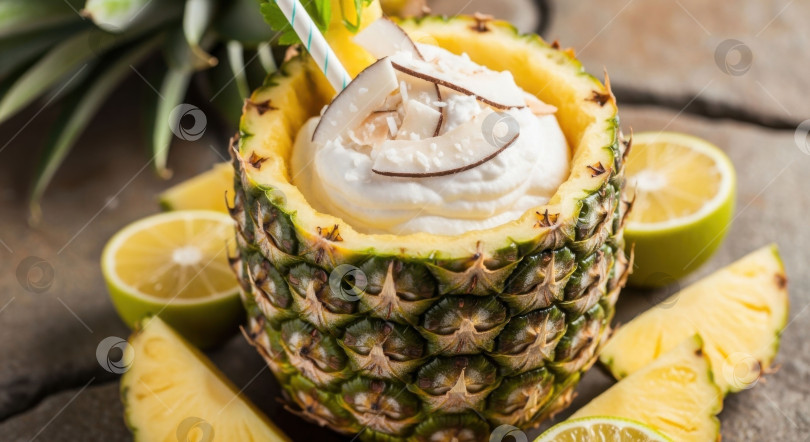 Скачать Тропический ананасовый коктейль с кокосовым кремом и лаймом. Освежающий летний напиток или смузи. Экзотические блюда и напитки. фотосток Ozero