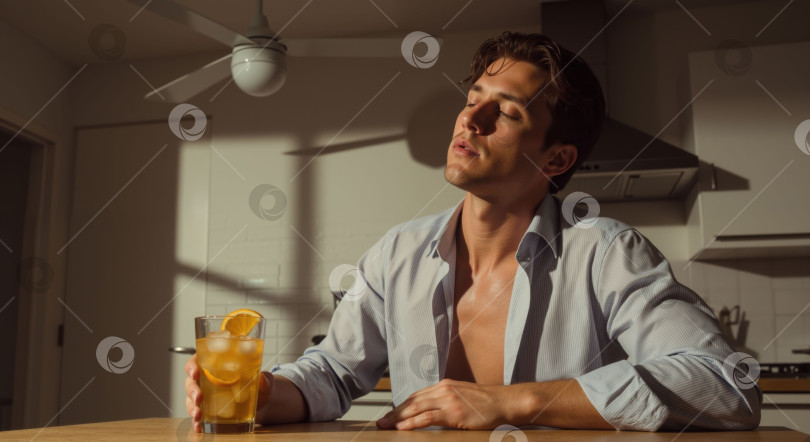 Скачать Кавказский мужчина наслаждается освежающим коктейлем с долькой апельсина на кухне, чувствуя себя расслабленным и спокойным летом. фотосток Ozero