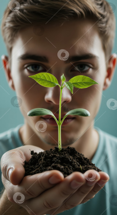 Скачать Молодой человек, держащий в ладонях небольшое зеленое растение в почве. Защита окружающей среды и новая концепция выращивания. фотосток Ozero