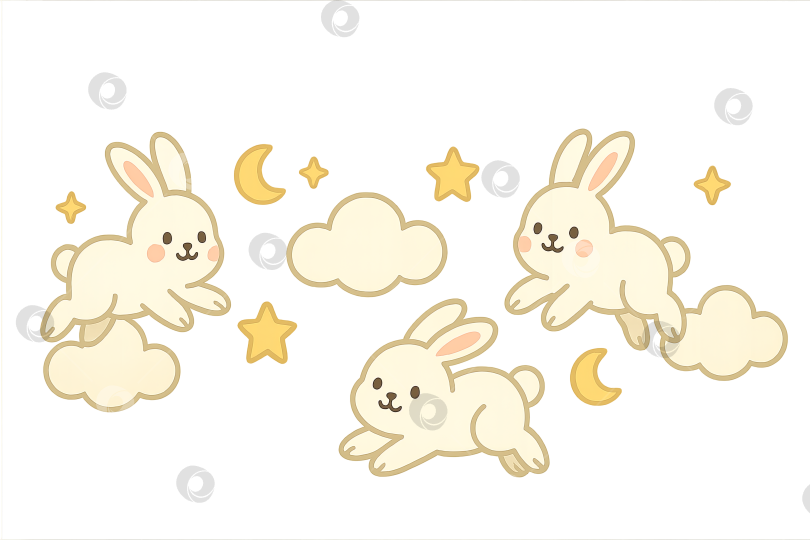 Скачать Фестиваль середины осени с мультяшными кроликами со звездами и облаками на прозрачном фоне фотосток Ozero
