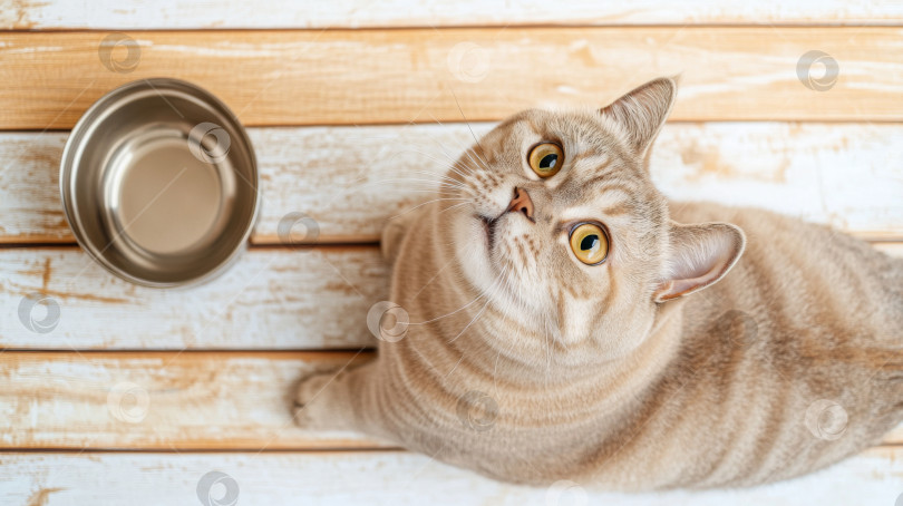 Скачать Кошка смотрит на пустую миску на уютной кровати, олицетворяя концепцию голода фотосток Ozero