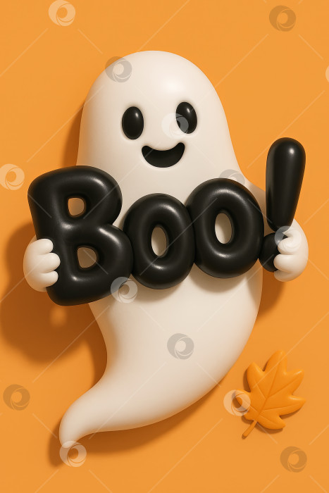 Скачать Милый мультяшный призрак с текстом "Бу" на оранжевом фоне, тема Хэллоуина фотосток Ozero