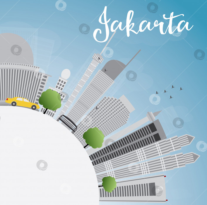 Скачать Горизонт Джакарты с серыми ориентирами, голубым небом и космическим пространством. фотосток Ozero