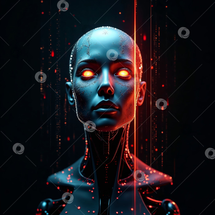 Скачать Футуристический женский андроид с glowing-глазами в неоне — киберпанк стиль фотосток Ozero