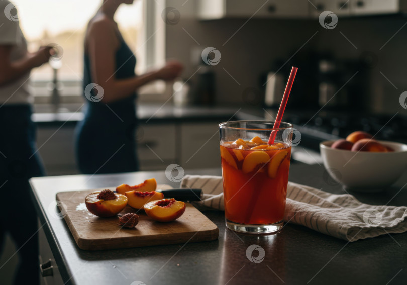 Скачать Персиковый коктейль или холодный чай в бокалах с нарезанными свежими фруктами на кухонном столе. Полезный напиток для летнего освежения. фотосток Ozero