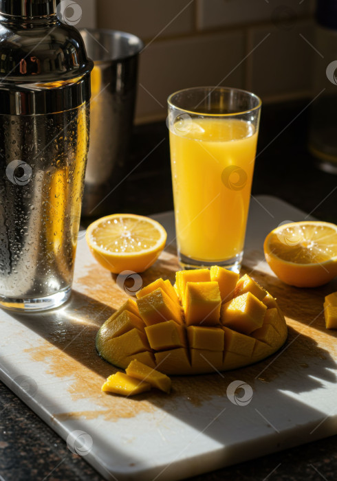 Скачать Шейкер для коктейлей, нарезанный кубиками манго и свежий лимон крупным планом. Ингредиенты для приготовления тропического напитка разложены на кухонном столе. фотосток Ozero