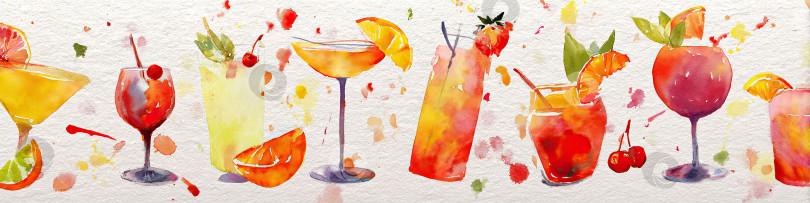 Скачать Разноцветные акварельные коктейли и напитки в различных бокалах. Абстрактное искусство брызг, концепция летнего напитка для бара или вечеринки. фотосток Ozero