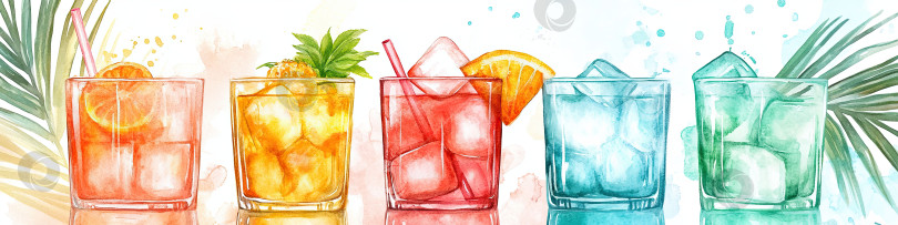 Скачать Серия ярких акварельных иллюстраций к летним напиткам и коктейлям. Тропические напитки со льдом и фруктами. Освежающая концепция оформления меню для вечеринки. фотосток Ozero