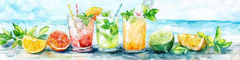 Скачать Нарисованная вручную акварелью иллюстрация освежающих летних коктейлей с цитрусовыми и мятой на деревянном столе. фотосток Ozero