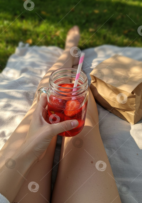 Скачать Женщина, отдыхающая на одеяле с освежающим клубничным напитком в солнечный день. Концепция летнего пикника. фотосток Ozero