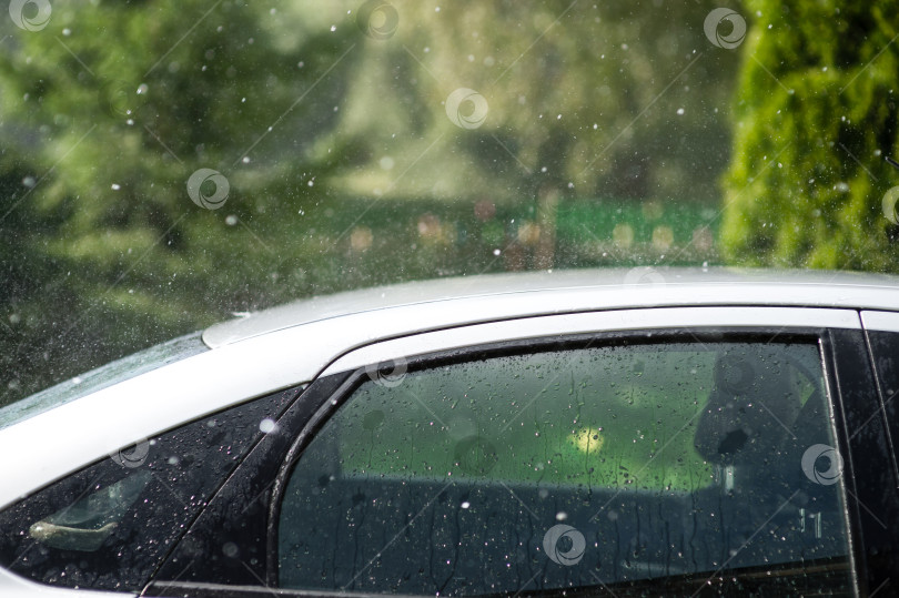 Скачать Сильный летний дождь барабанит по крыше автомобиля фотосток Ozero