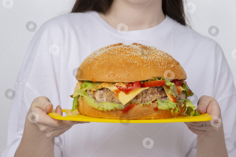 Скачать Руки держат поднос с большим бургером. фотосток Ozero