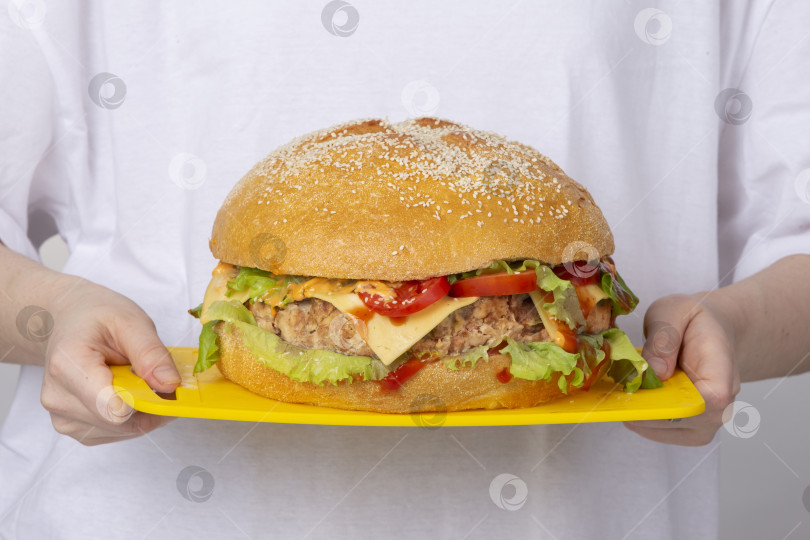 Скачать Руки держат поднос с большим бургером. фотосток Ozero