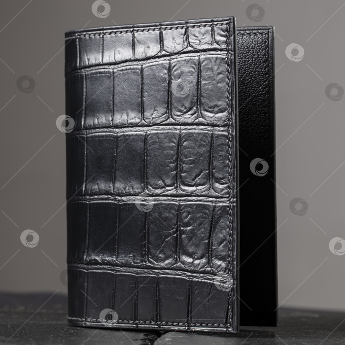 Скачать Дорогое элитное портмоне из крокодиловой кожи на сером фоне. фотосток Ozero