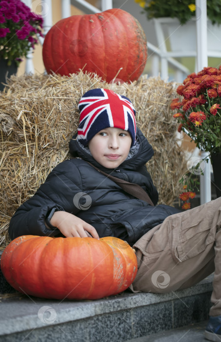 Скачать Мальчик в шляпе с английским флагом сидит с большими тыквами. фотосток Ozero