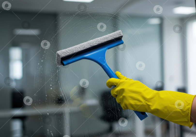 Скачать Уборщица в желтой перчатке моет оконное стекло с помощью скребка и мыльной пены с моющим средством. Техническое обслуживание коммерческих зданий. фотосток Ozero
