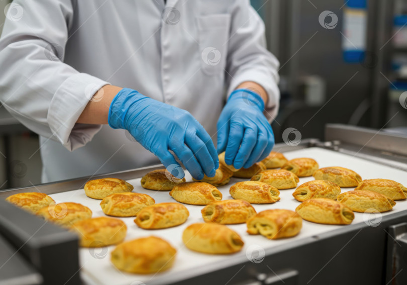 Скачать Пекарь в синей перчатке выкладывает свежеиспеченную выпечку на конвейерную ленту, демонстрируя производство продуктов питания и промышленную выпечку на фабрике. фотосток Ozero