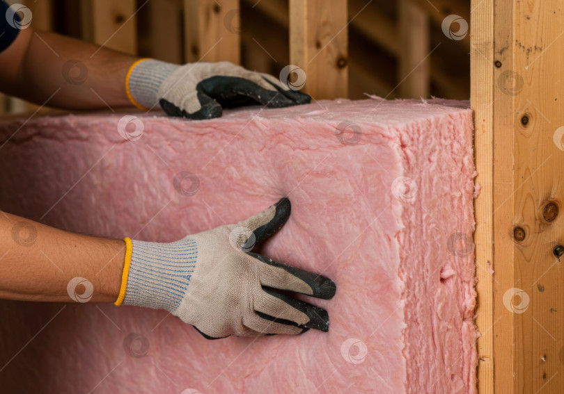 Скачать Мужчина в перчатках устанавливает розовую изоляцию. Рабочий-строитель наносит материал на стену. Концепция строительства и реконструкции. фотосток Ozero