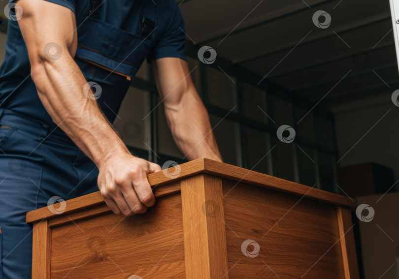 Скачать Грузчики, грузящие деревянную мебель с рельсов. Профессиональный мужчина-грузчик, занимающийся доставкой и переездом, концепция. Подъем тяжестей. фотосток Ozero