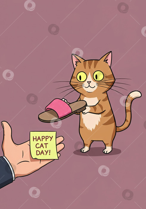 Скачать Мультяшный кот приносит тапочку мужчине, который держит в руках поздравительную открытку с Международным днем кошек. фотосток Ozero